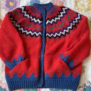 Vintage 80s-90s red chunky handknit Nordic cardigan with pockets